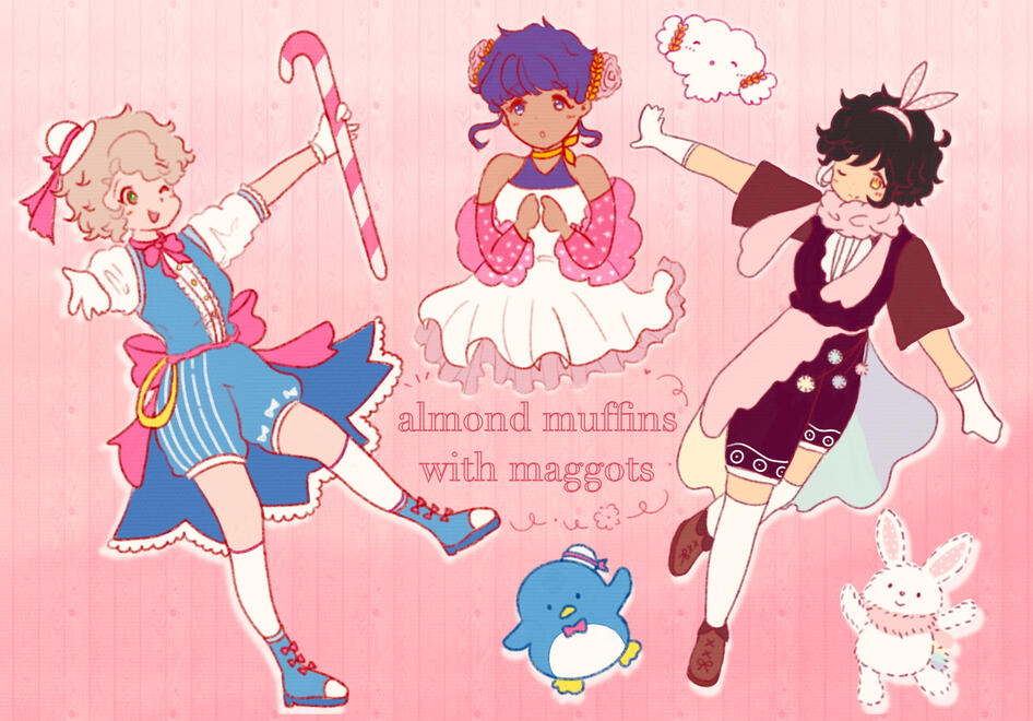 Almond Muffins with Maggots An illustration of the characters created by one of my friend groups, inspired by our favourite Sanrio characters. Venus belongs to @venustheprettyy, Felicia belongs to @Quiet_Muffin and Almond belongs to me. Tuxedo Sam, Cogimyun and Wish Me Mell all belon